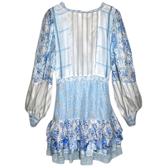 NWT LoveShackFancy Silk Blue Mixed Print Patchwork Lace Tiered Mini Dress 10 - Picture 7 of 10